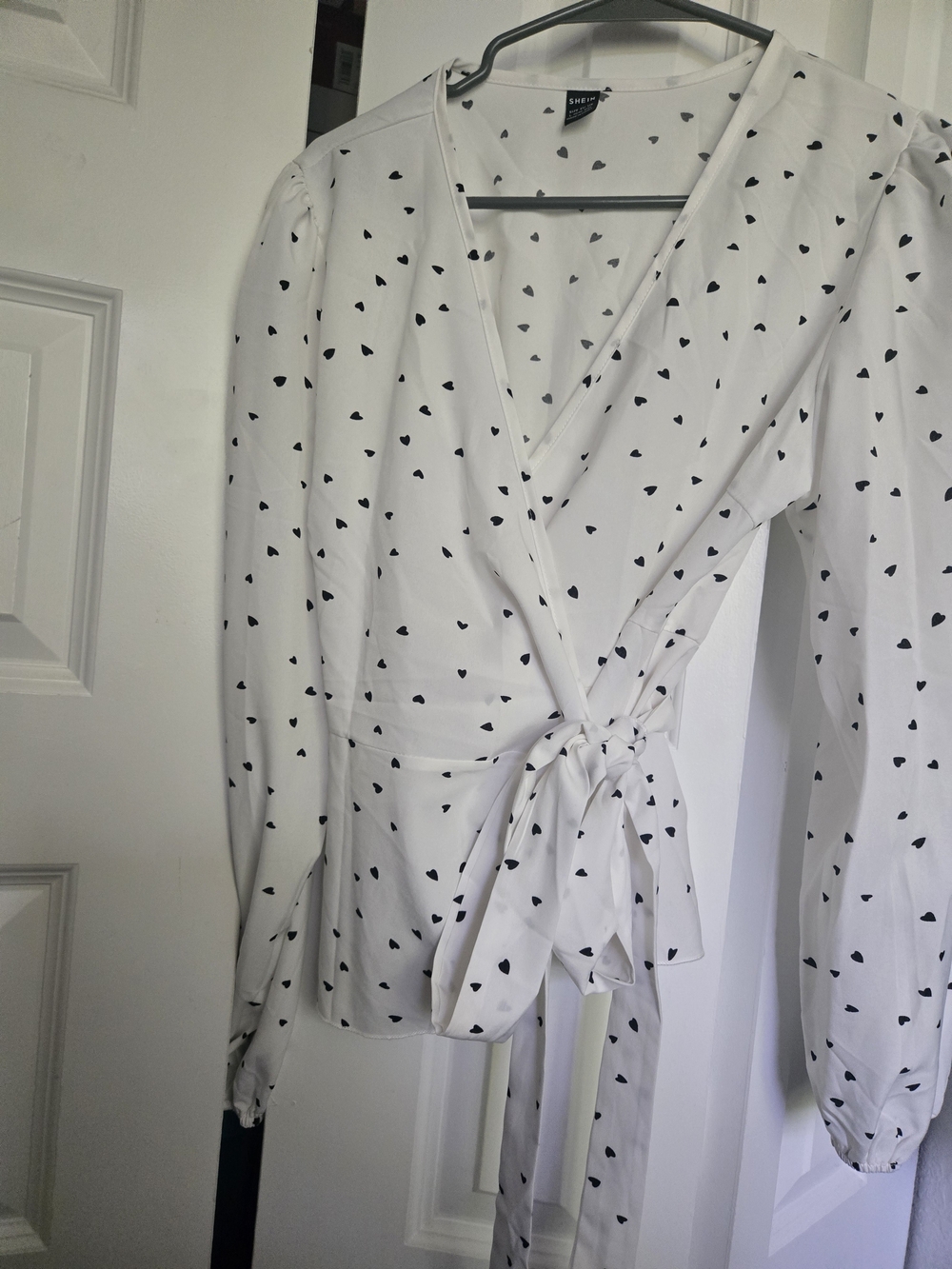 Shein White Wrap Blouse with Black Heart Print